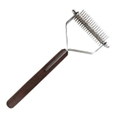 Dark wooden handle animal shedding rake with metal teeth